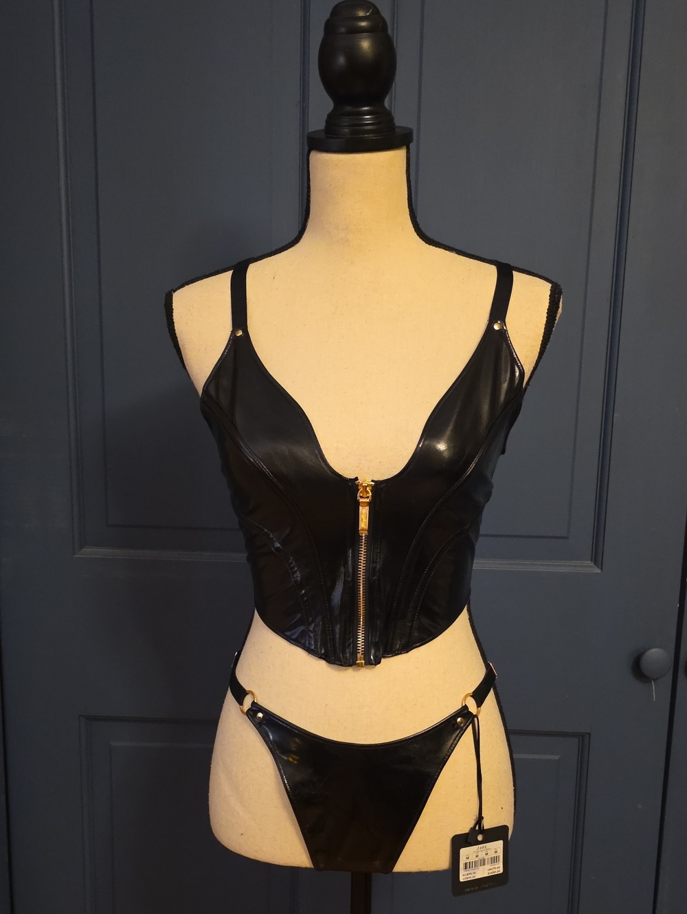 NWT Honey Birdette Black Faux Leather Zip-Front Bustier Set